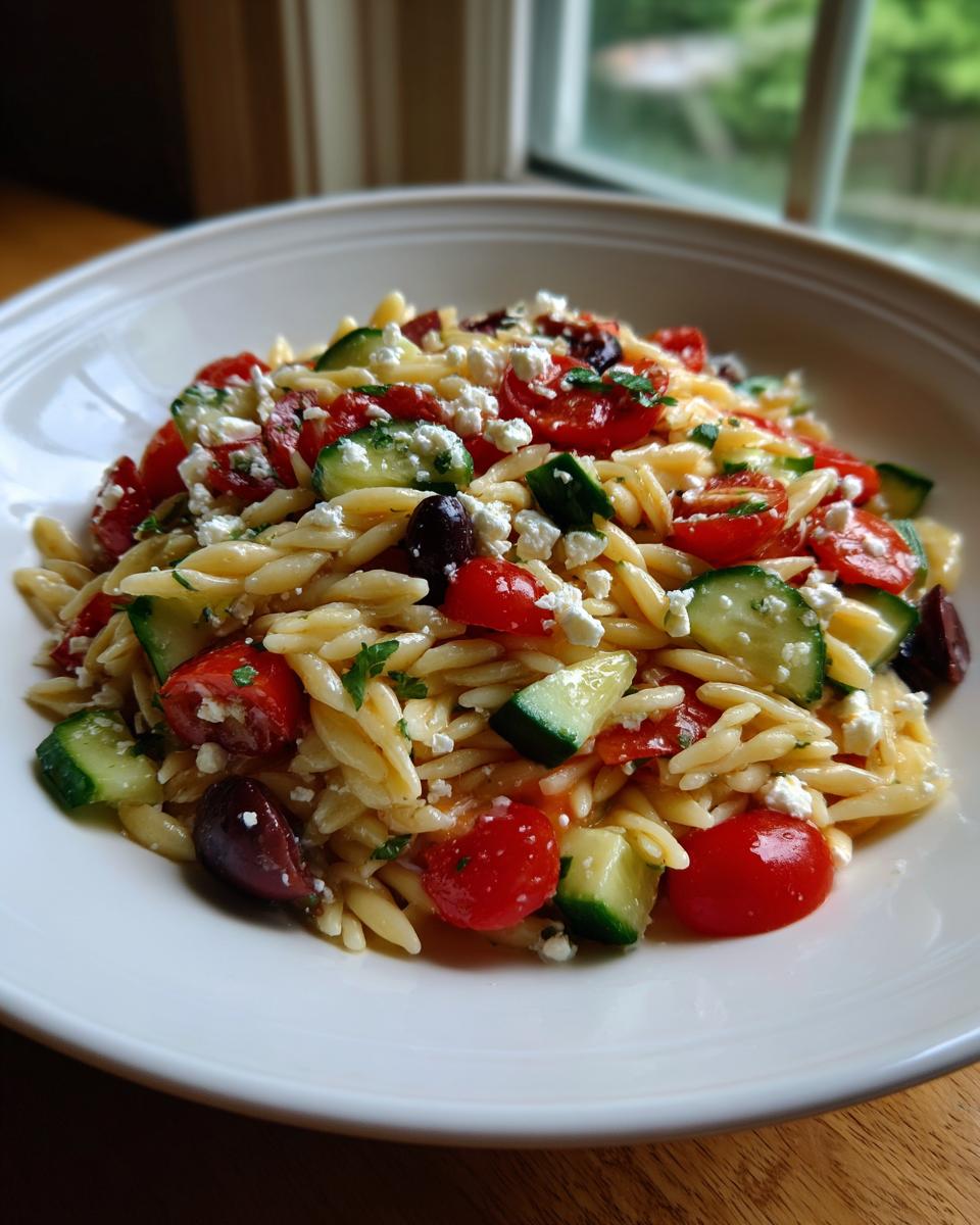 Close-up of a bowl filled with mediterranean pasta salad featuring orzo, cherry tomatoes, cucumber, olives, and feta cheese.