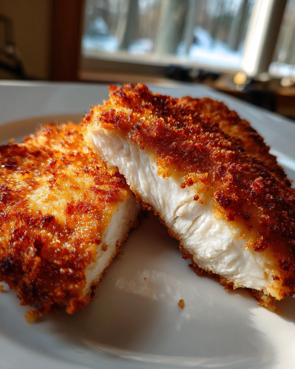 Two halves of golden brown parmesan crusted chicken showing the juicy white interior.