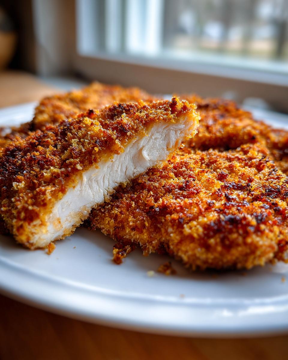 Close-up of a juicy, white chicken breast showing the interior texture of a perfectly cooked parmesan crusted chicken.