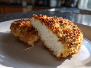Close-up of perfectly cooked parmesan crusted chicken, cut to show the juicy white interior.