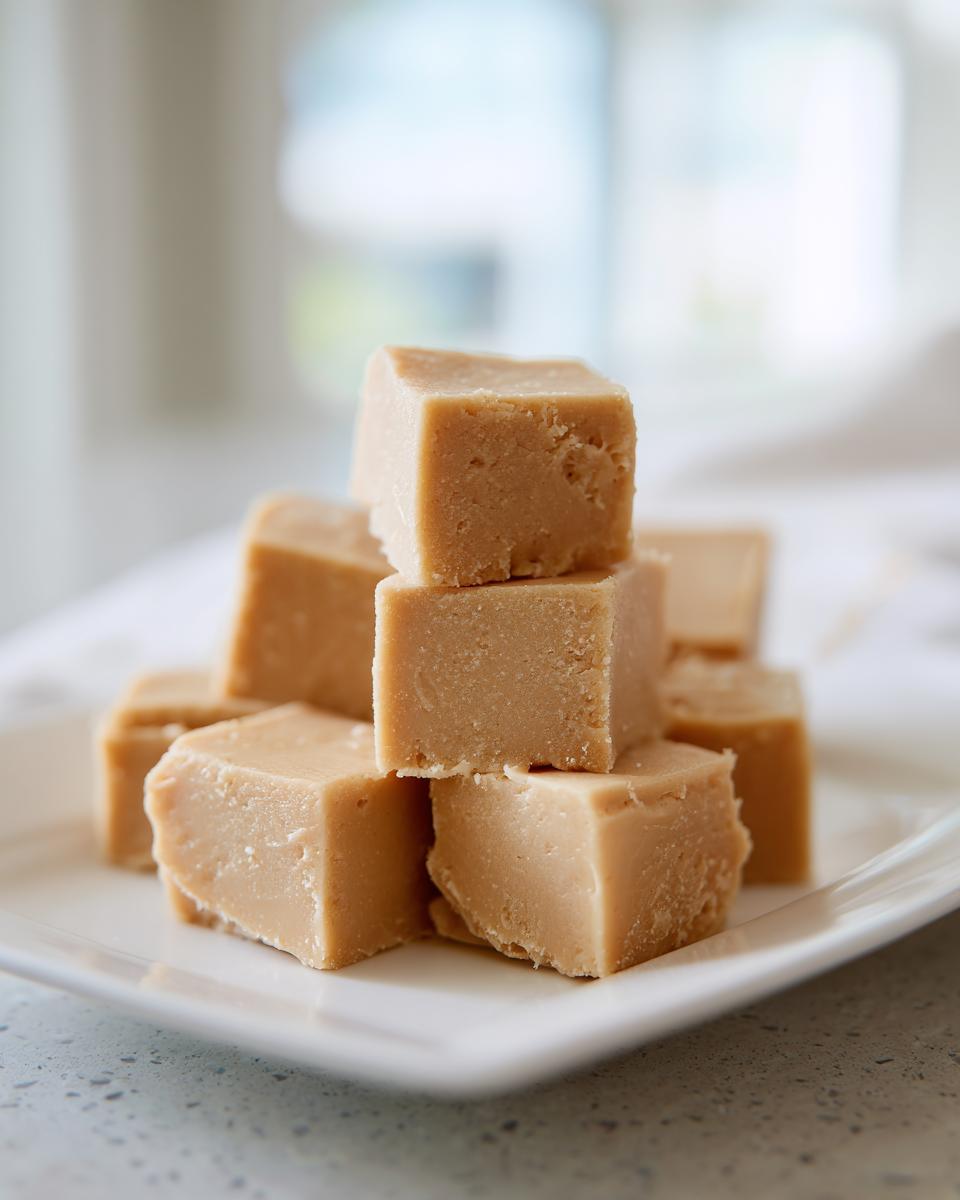 A stack of creamy, light brown squares from a peanut butter fudge recipe displayed on a white plate.