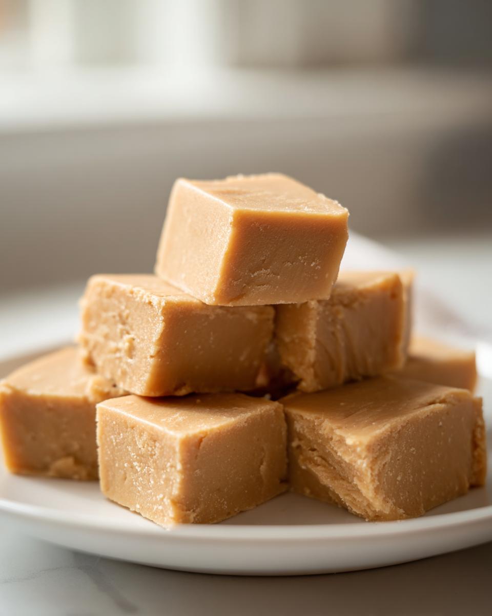 A close-up stack of creamy, light brown squares made from the peanut butter fudge recipe, served on a white plate.