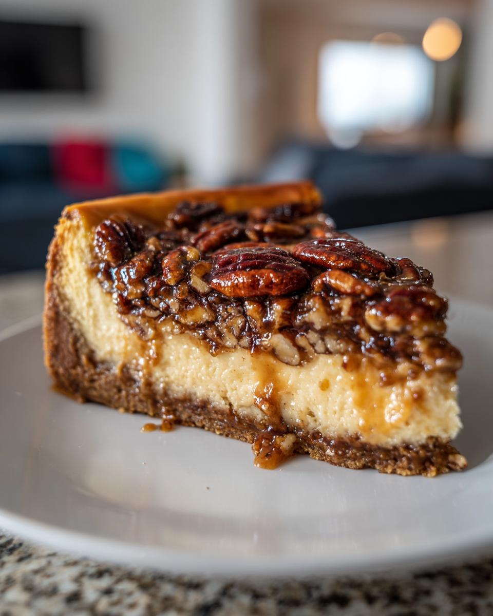Close-up of a rich slice of pecan pie cheesecake with a thick pecan caramel topping on a white plate.