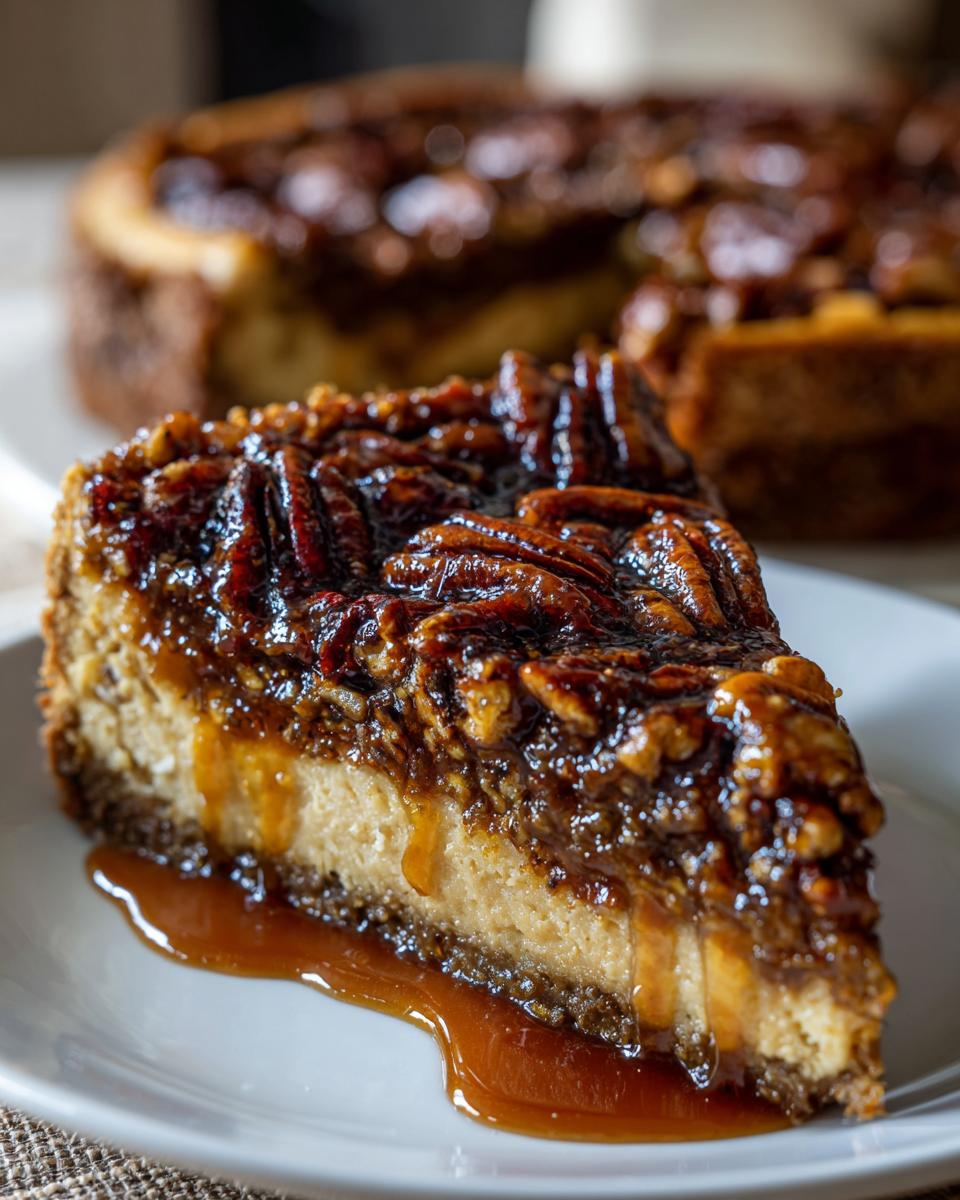 A close-up slice of rich pecan pie cheesecake topped with glossy pecans and caramel sauce dripping onto a white plate.