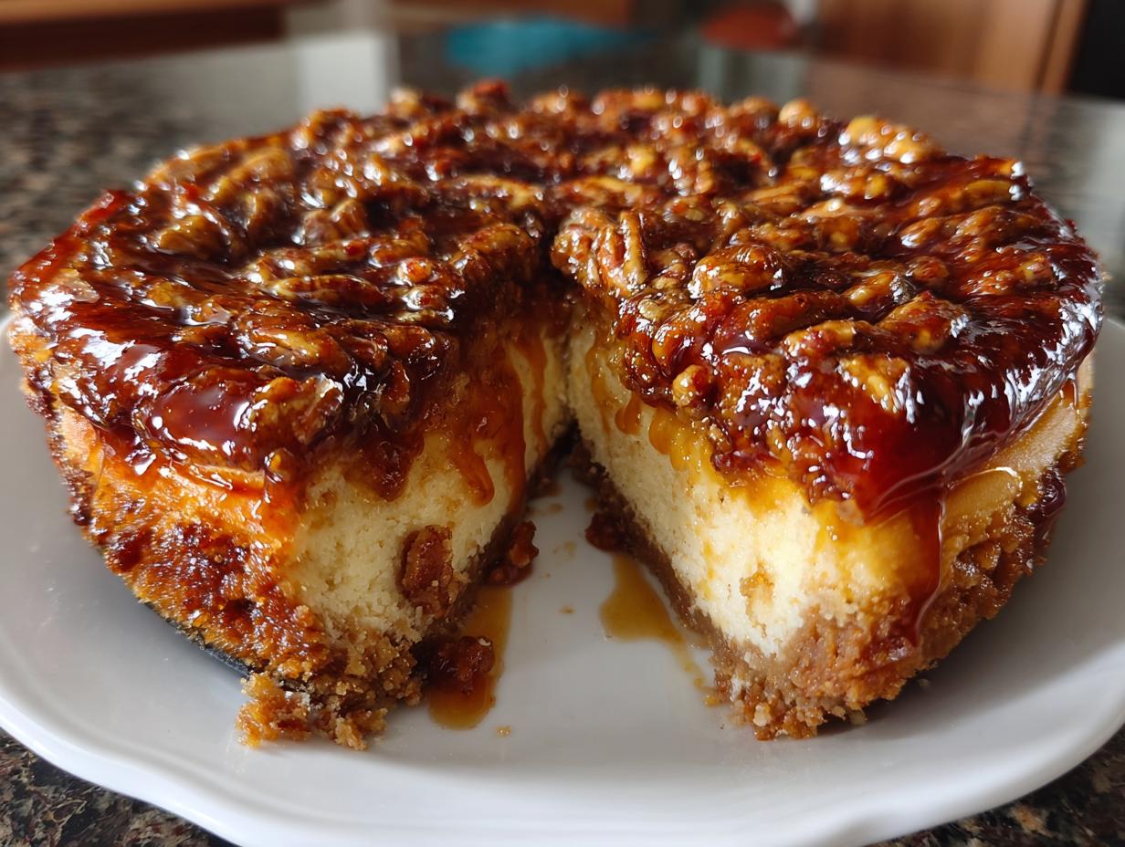 A slice removed from a rich pecan pie cheesecake, showing the creamy filling and sticky caramel pecan topping.
