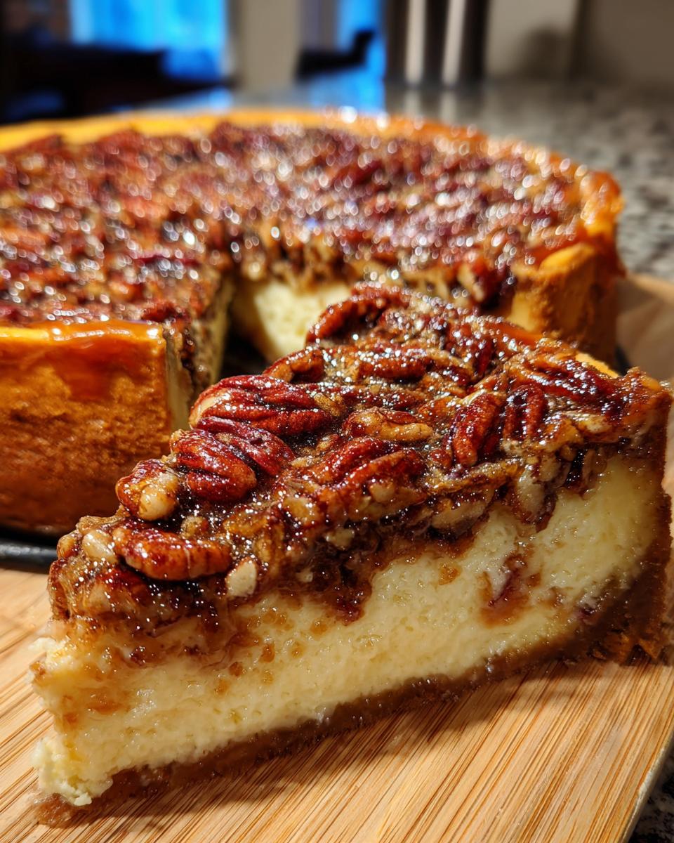 A close-up slice of rich pecan pie cheesecake showing the creamy filling and glossy pecan topping.
