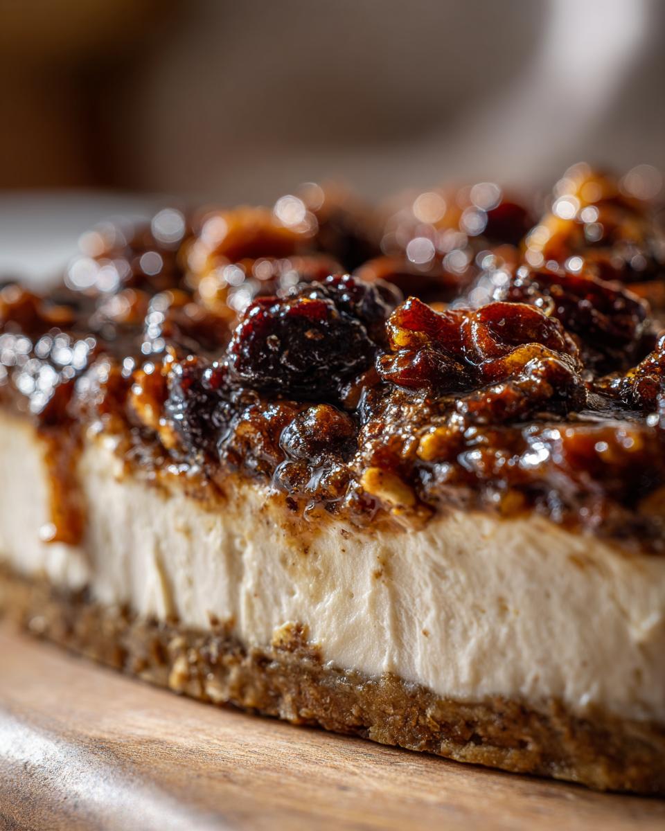 A rich, gooey topping of pecans and caramel sits atop a creamy layer of cheesecake, resembling a pecan pie dip dessert.