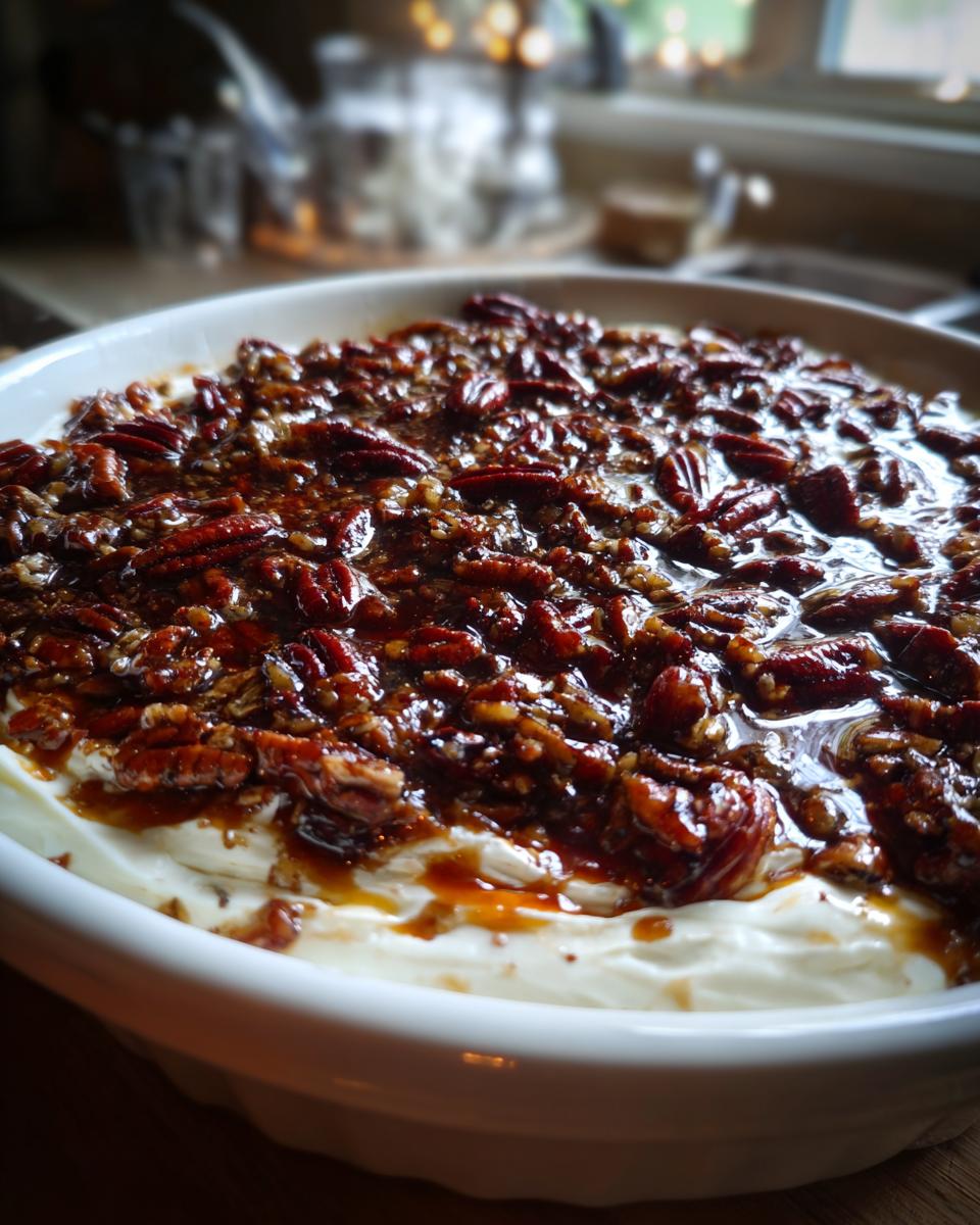 Close-up of a creamy pecan pie dip topped generously with glazed, candied pecans in a white serving dish.