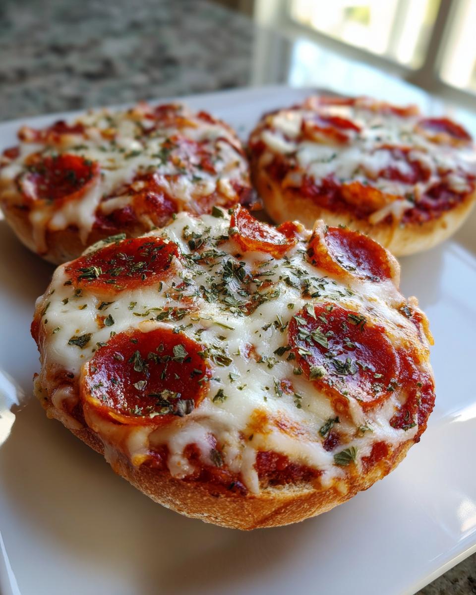 Three freshly baked pepperoni english muffin pizza halves topped with melted cheese and herbs on a white plate.