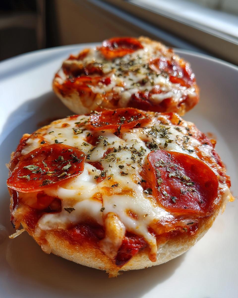 Two freshly baked pepperoni english muffin pizza halves topped with melted cheese and dried herbs on a white plate.