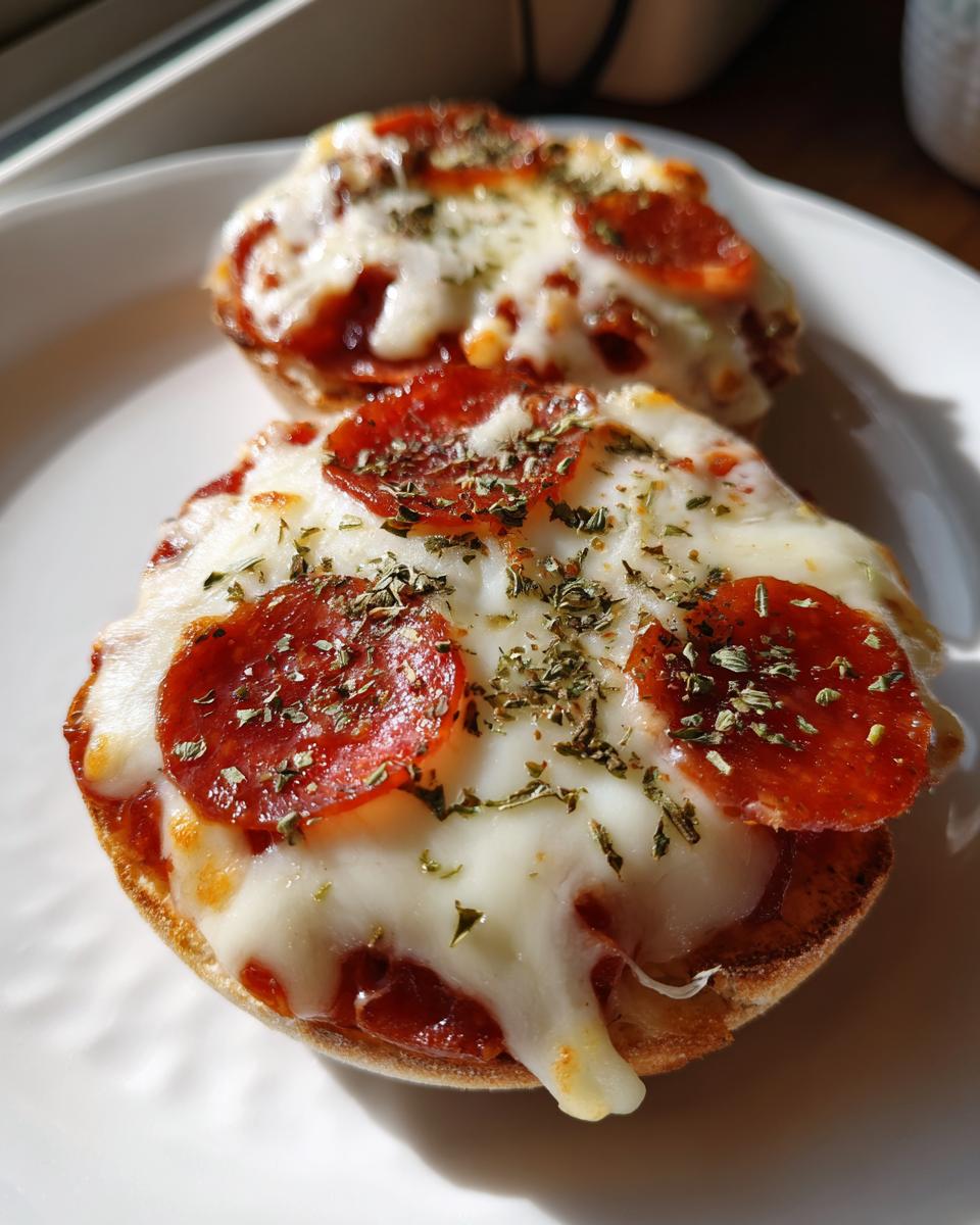 Two halves of a freshly baked pepperoni english muffin pizza, topped with melted mozzarella and dried herbs, sitting on a white plate.