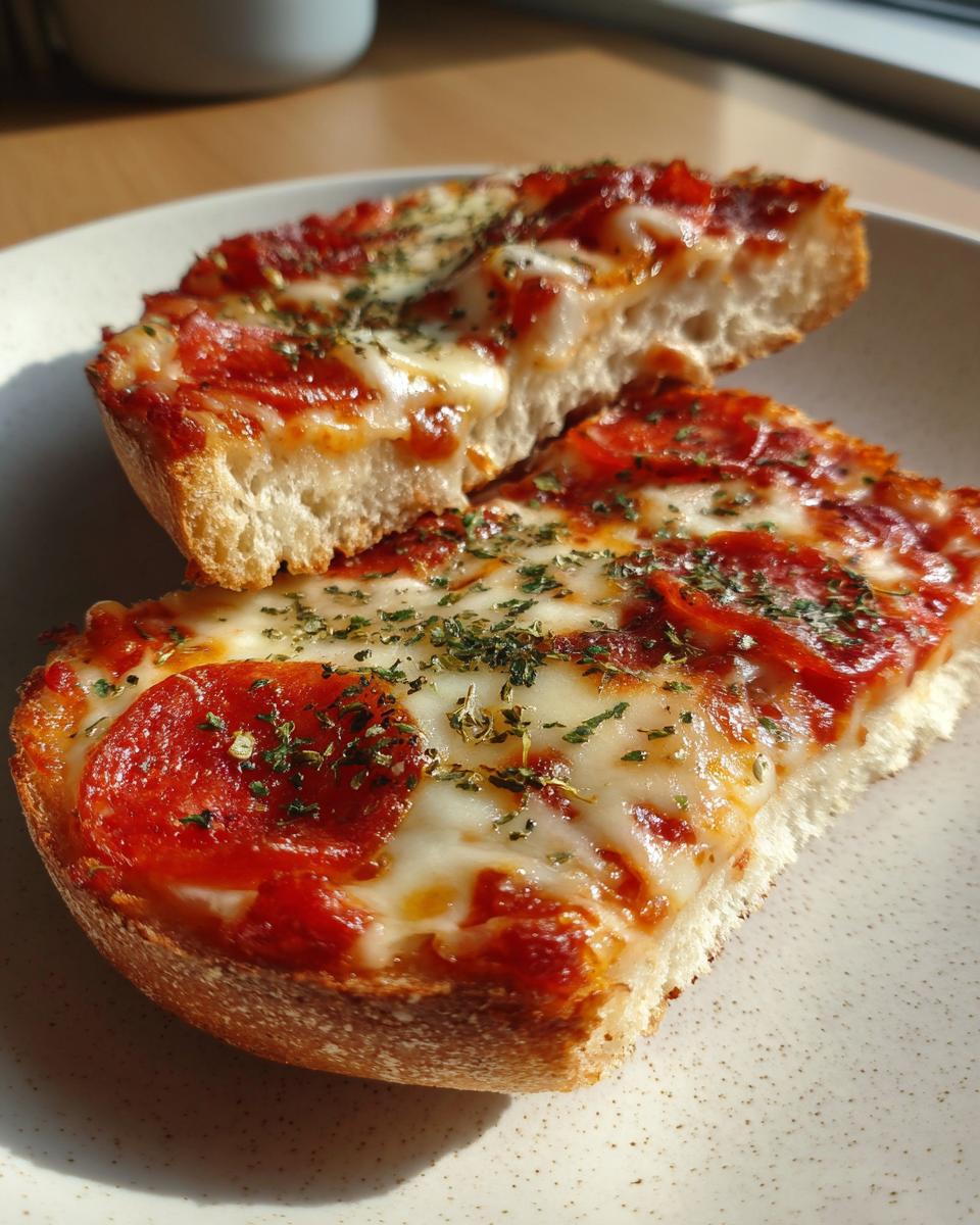 Two halves of a pepperoni english muffin pizza, topped with melted cheese and herbs, resting on a speckled white plate.