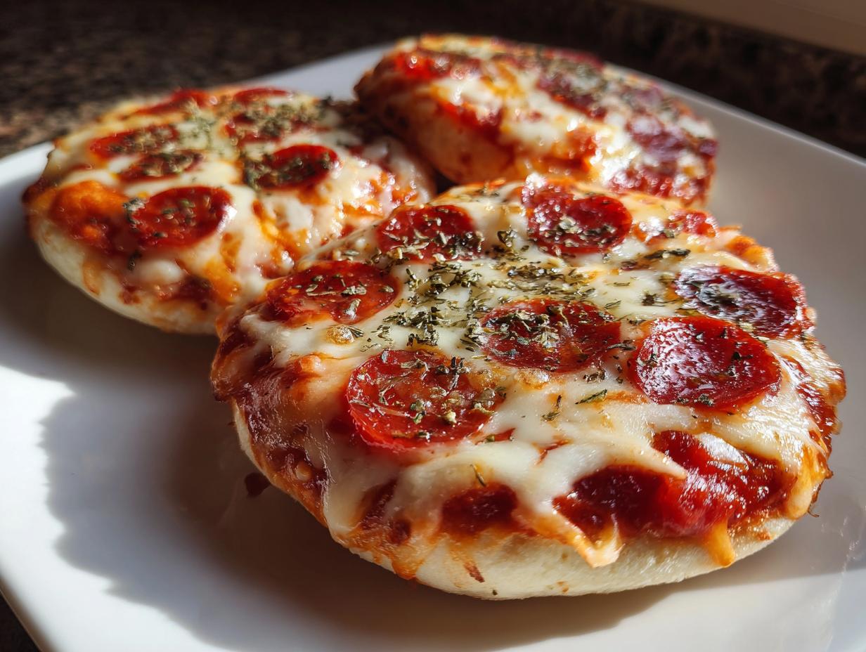 Three freshly baked pepperoni english muffin pizza halves topped with melted cheese and herbs on a white plate.