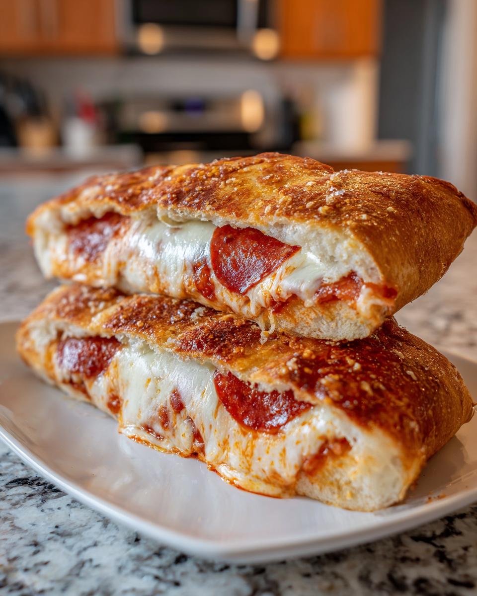 Two halves of gooey pepperoni garbage bread stacked on a white plate, showing melted mozzarella cheese.