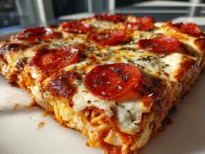 Close-up of a square slice of baked pizza pasta casserole topped with melted cheese, pepperoni, and herbs.