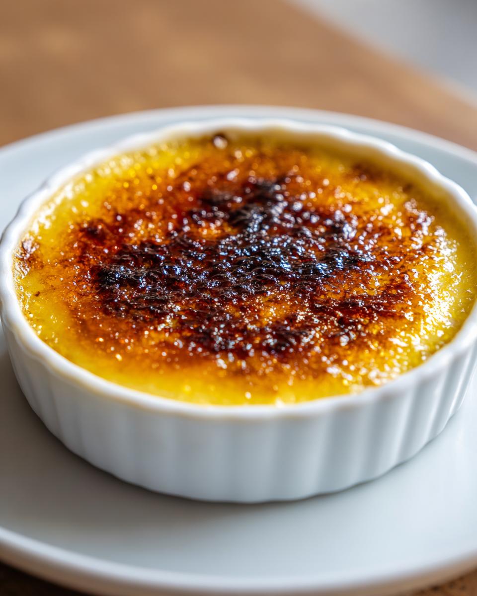 Close-up of a classic creme brulee with a deeply caramelized, crackly sugar top in a white ramekin.