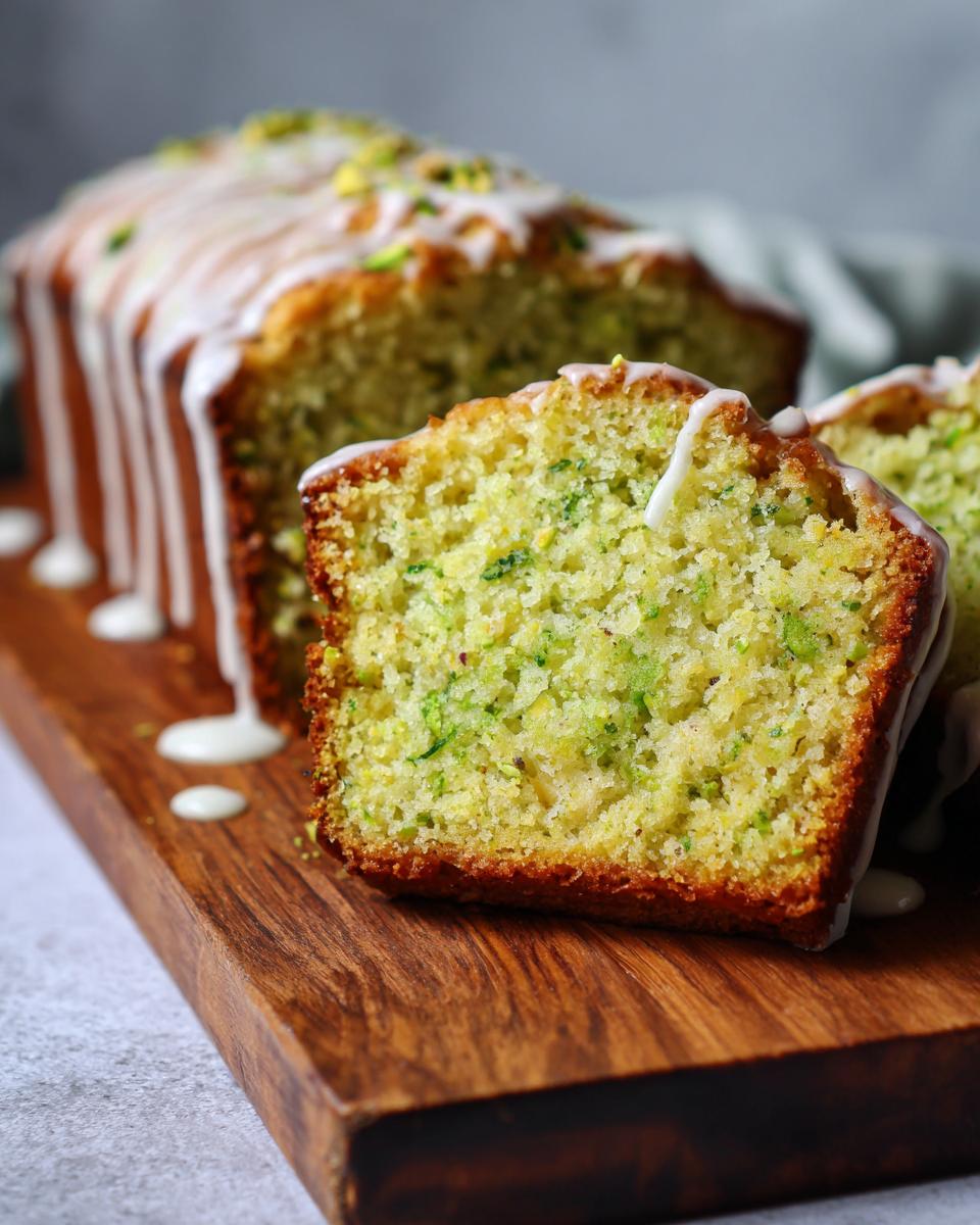 A thick slice of moist pistachio bread showing green pistachio pieces, drizzled with white icing.