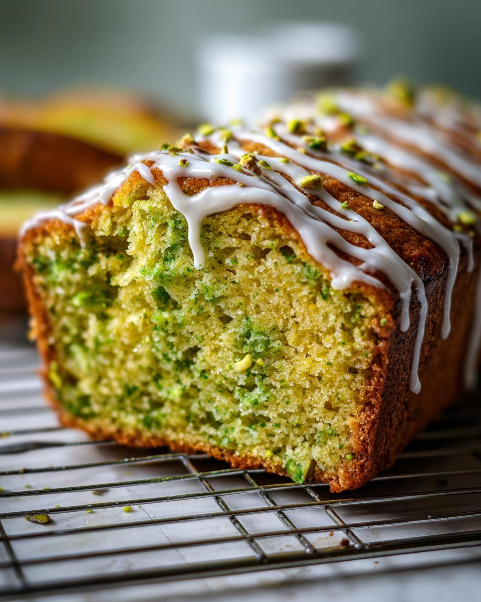 A close-up, cross-section view of moist pistachio bread drizzled with white icing and topped with chopped nuts.
