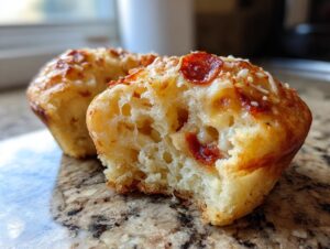 Close-up of a bitten Pizza Muffin showing a fluffy interior, melted cheese, and pepperoni pieces.