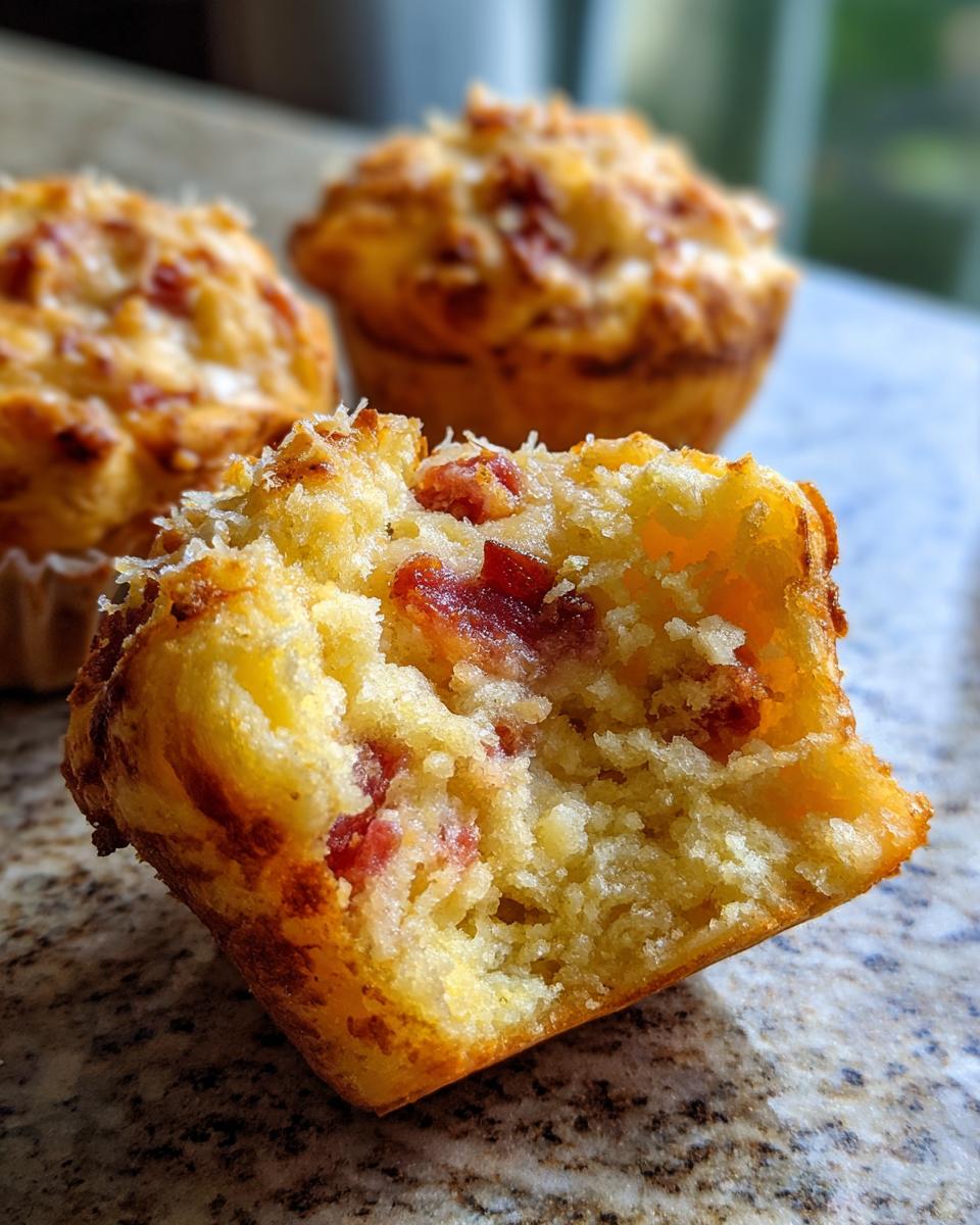 Close-up of a savory pizza muffin cut in half showing the fluffy interior and chunks of filling, with two whole pizza muffins blurred in the background.