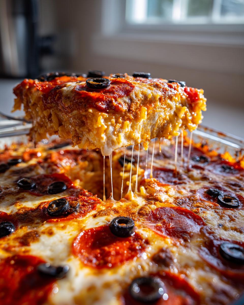 A cheesy slice of pizza pasta bake is lifted, showing long cheese pulls over the main dish topped with pepperoni and olives.