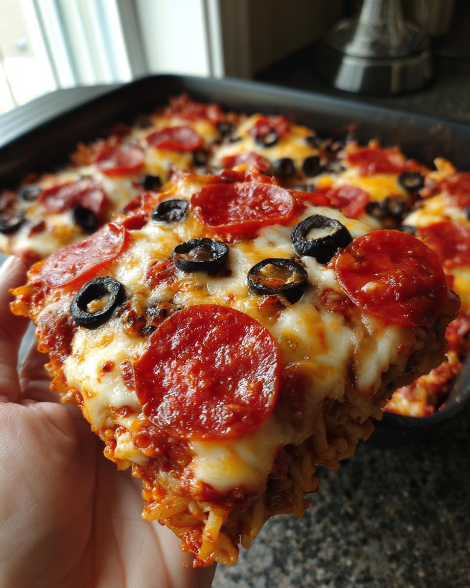 A hand holding a cheesy slice of pepperoni pizza pasta bake topped with black olives.