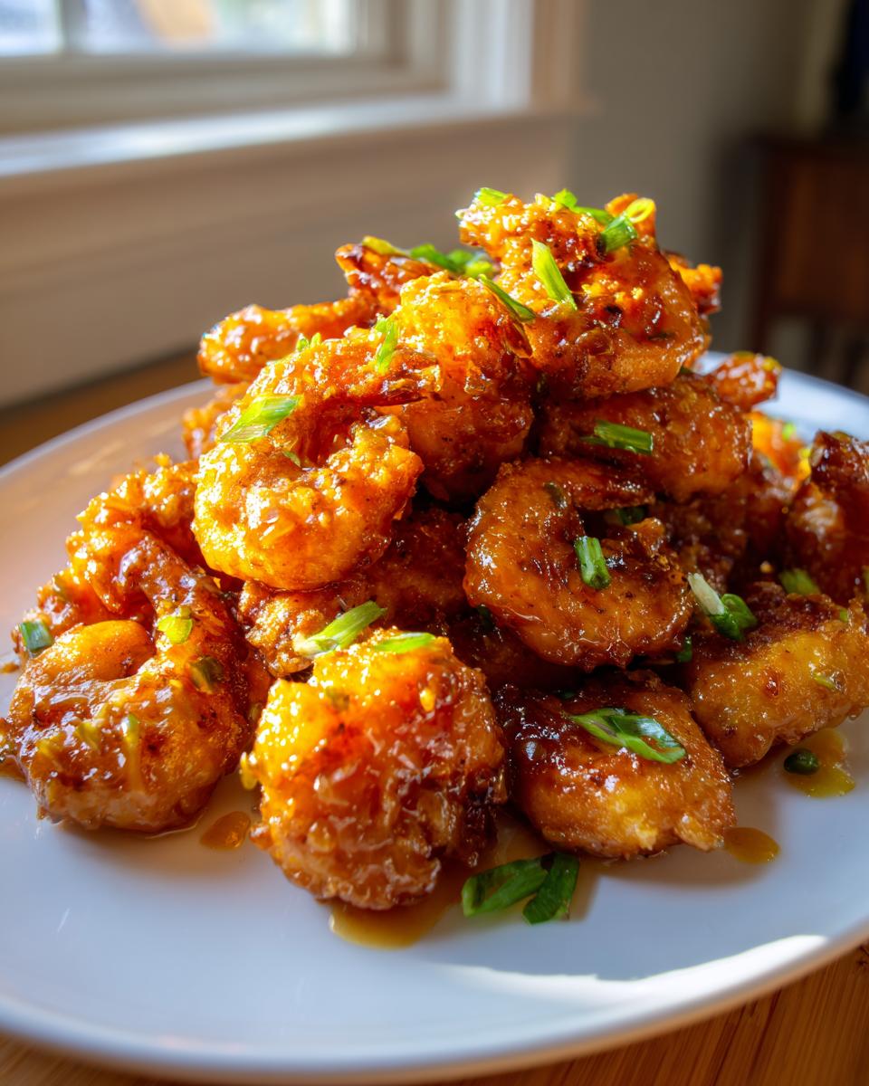 A close-up of a mound of crispy, saucy bang bang shrimp garnished with sliced green onions on a white plate.
