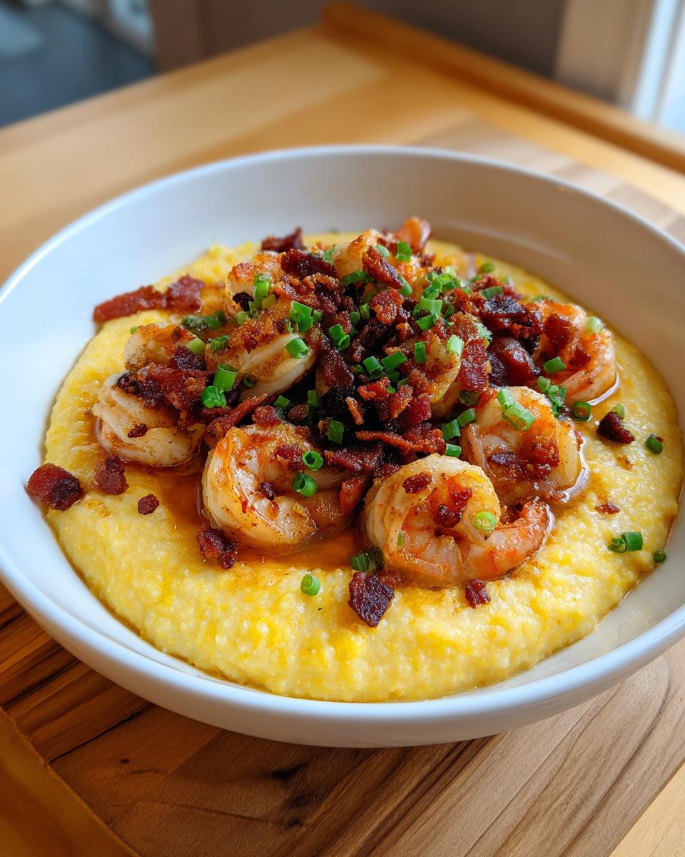 A white bowl filled with creamy yellow shrimp and grits, topped generously with sautéed shrimp, bacon crumbles, and chives.