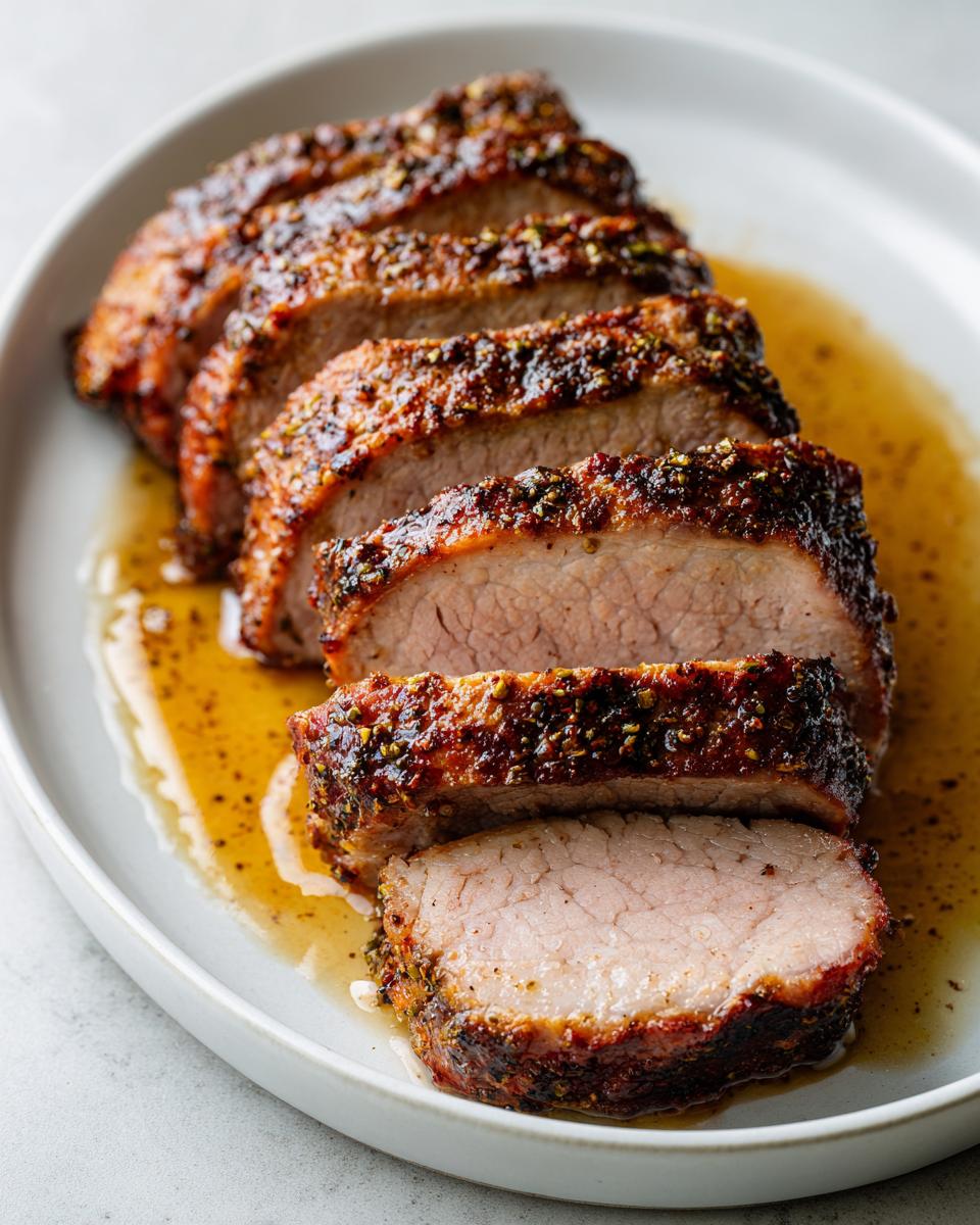 Close-up of several thick slices of juicy pork loin roast resting in pan juices, showing a dark, seasoned crust.
