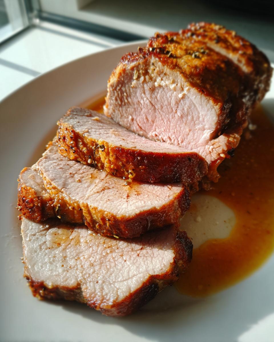 Close-up of a perfectly cooked and sliced pork loin roast showing a juicy pink center and seasoned crust, resting in pan juices.