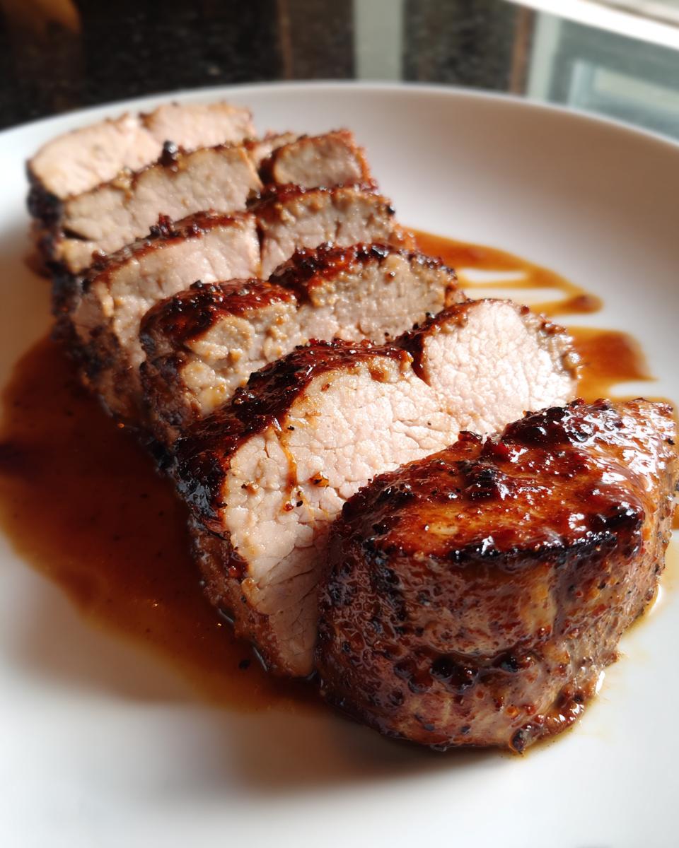 Close-up of a perfectly cooked pork loin roast, sliced and drizzled with a savory brown glaze.