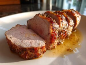 Close-up of a juicy, sliced pork loin roast with a seasoned, browned exterior resting in its pan juices.