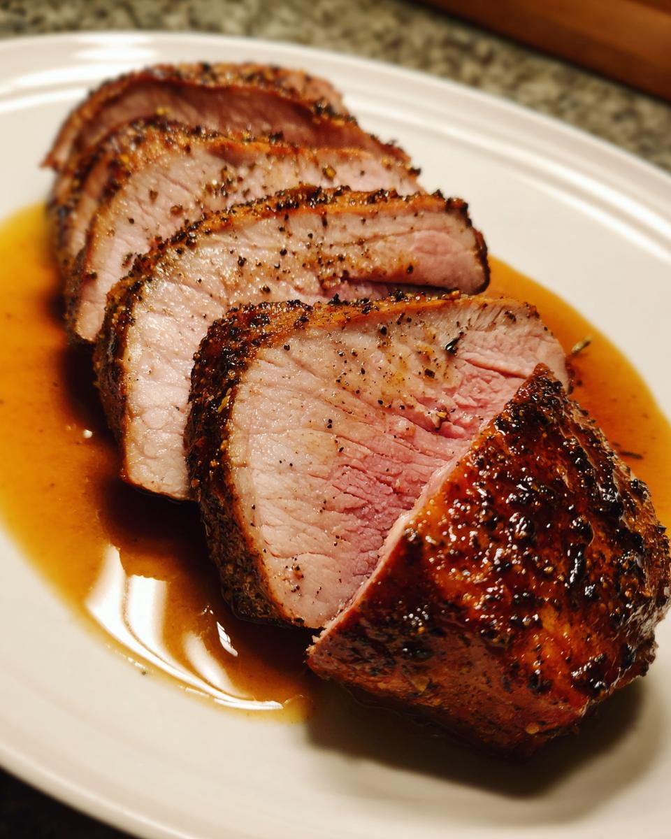 Close-up of several thick slices of perfectly cooked pork loin roast resting in its pan juices on a white plate.