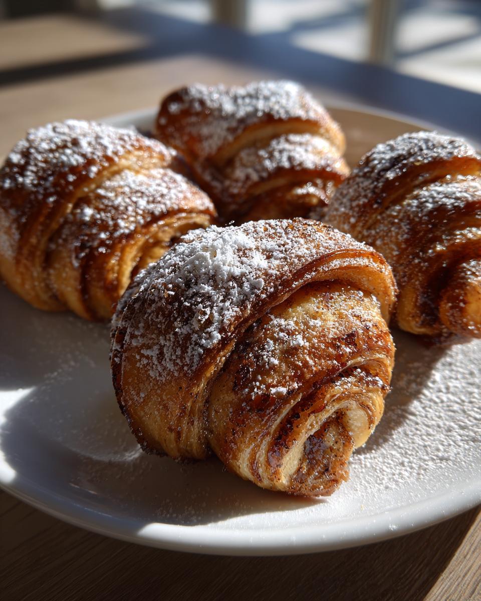 Four golden brown Rugelach pastries dusted heavily with powdered sugar, served on a white plate.