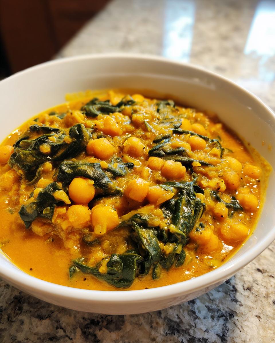 A close-up of a rich, orange pumpkin curry bowl filled with chickpeas and dark green spinach.