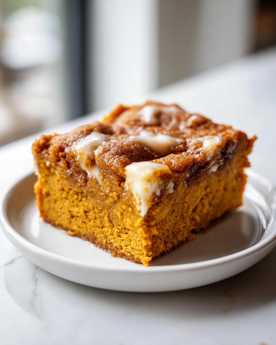 A close-up of a single serving slice of rich, orange pumpkin dump cake with white cream cheese swirls, served on a white plate.
