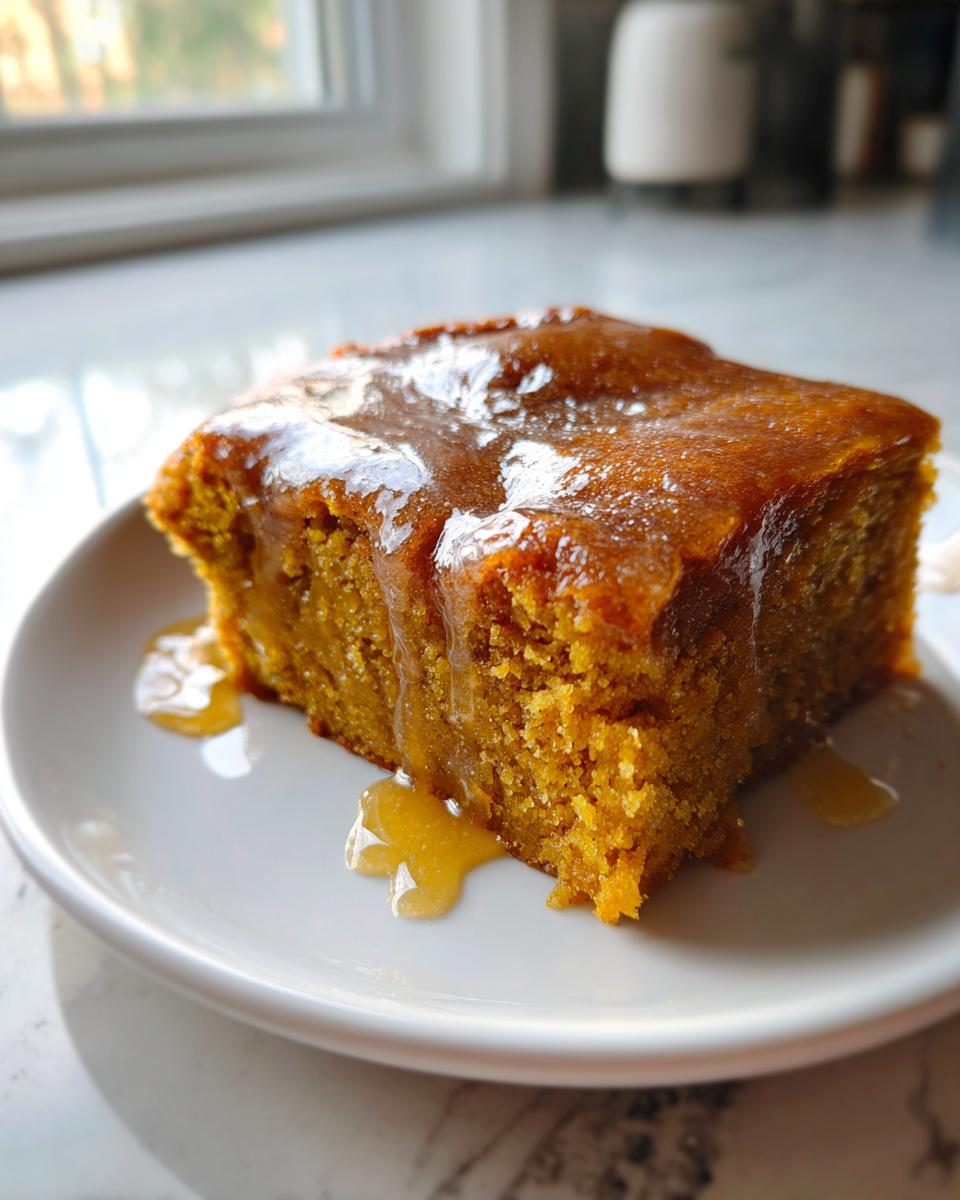 A close-up of a square slice of moist pumpkin dump cake topped with a rich, dripping caramel glaze.
