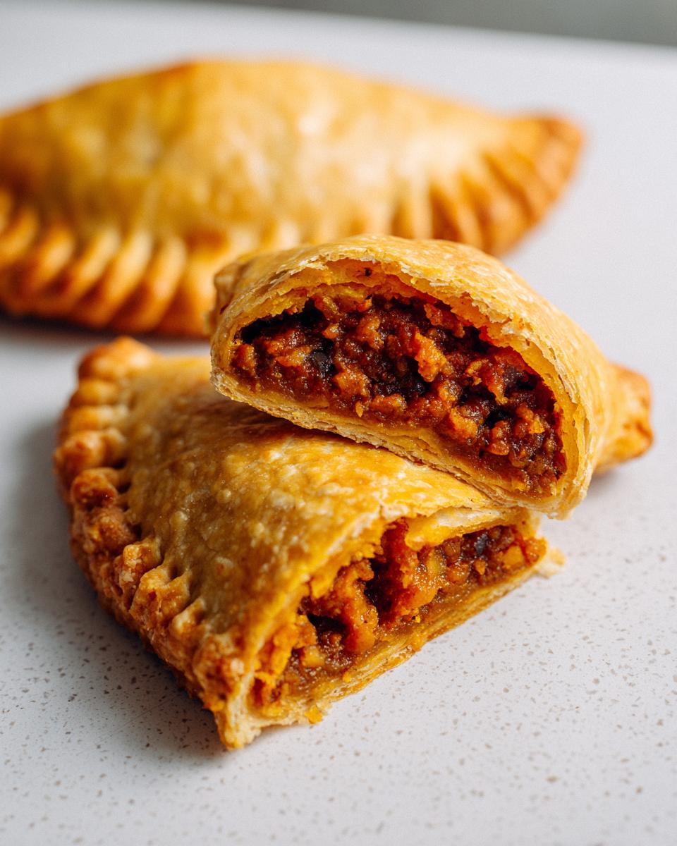 Close-up of a pumpkin empanada cut in half, showing the rich, spiced filling inside the flaky crust.