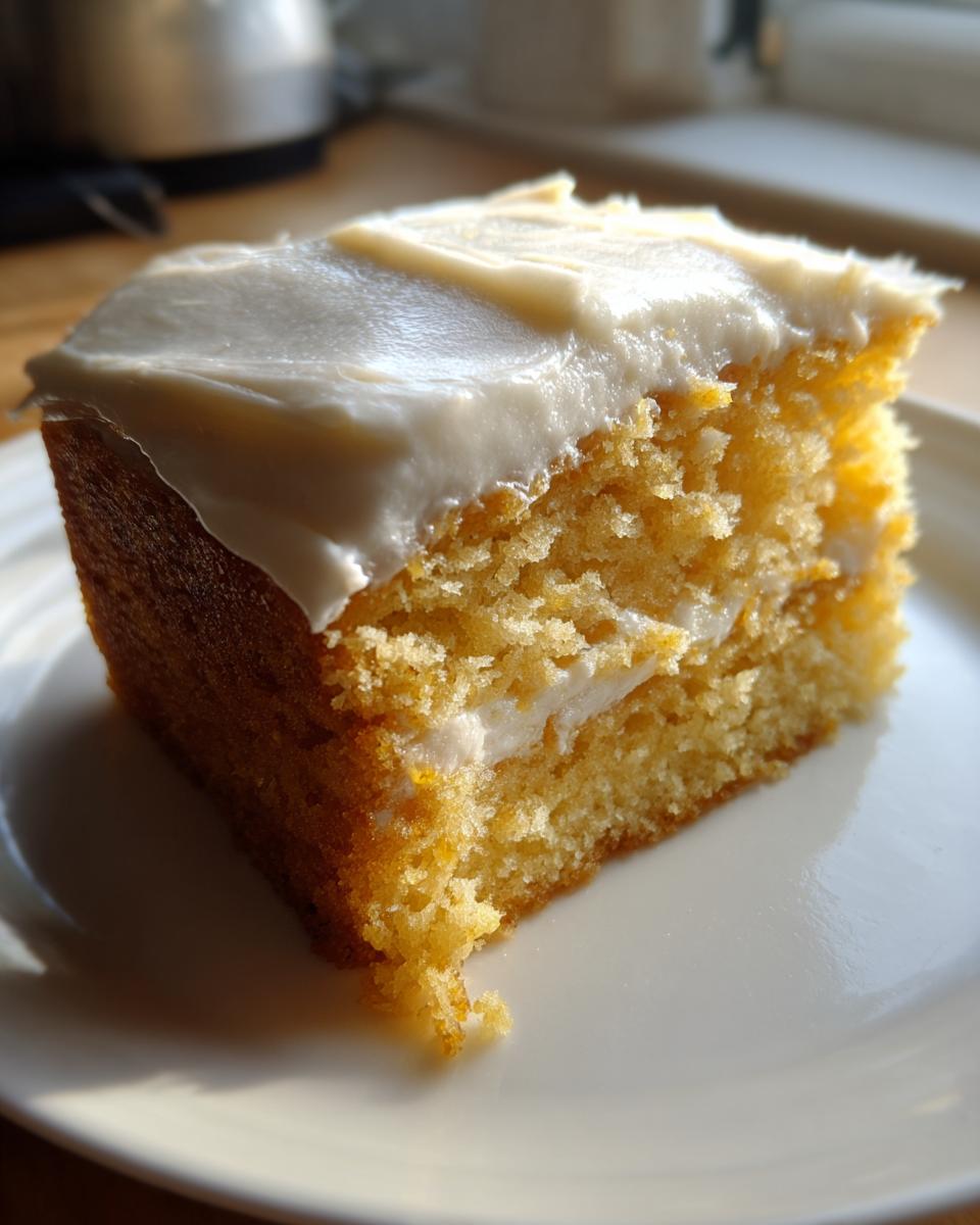 Close-up of a moist slice of pumpkin poke cake topped with thick white frosting on a white plate.