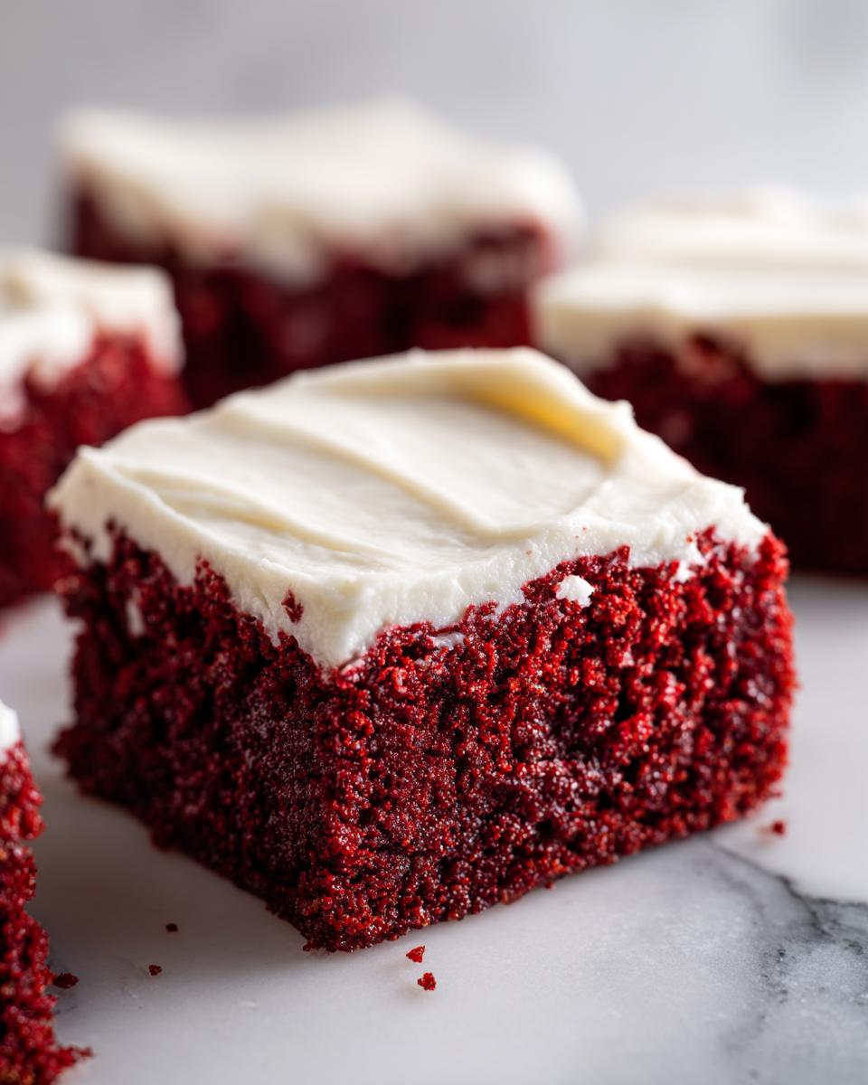 A close-up of a square, moist red velvet brownies slice topped with thick cream cheese frosting.