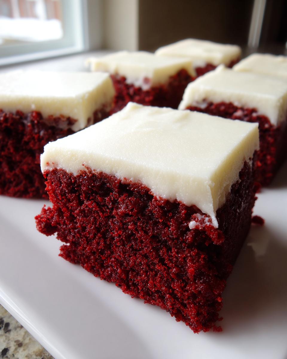 A close-up of a square slice of moist red velvet brownies topped with thick white cream cheese frosting.