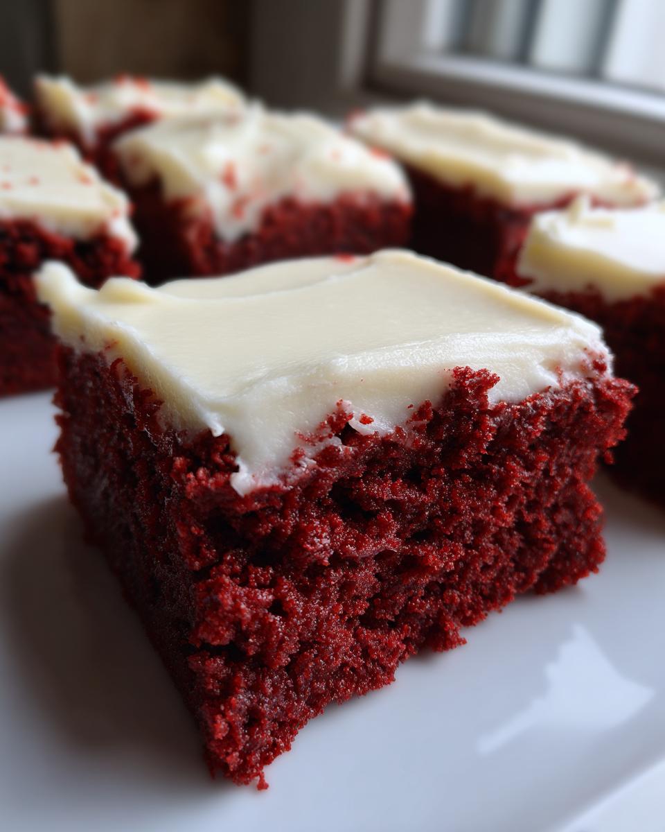 A close-up, rich, moist square of red velvet brownies topped with thick cream cheese frosting.