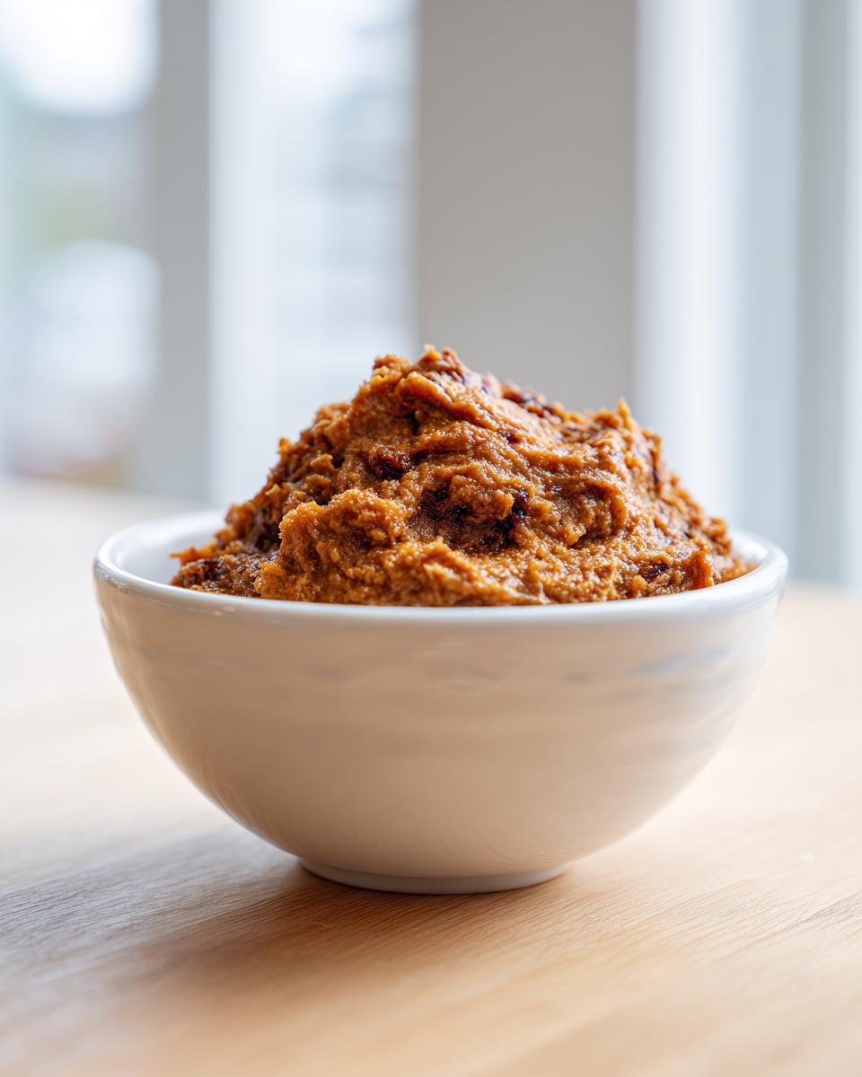 A thick mound of rich, brown caramelized onion dip served in a small white bowl on a wooden surface.