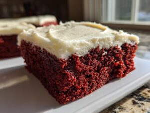 A close-up shot of a thick, moist square of red velvet brownies topped with creamy white frosting.