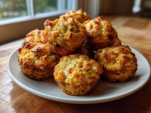 A pile of golden brown rotel cream cheese sausage balls baked in muffin tins, served on a light plate.