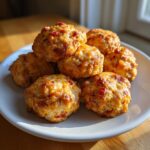 A stack of freshly baked rotel cream cheese sausage balls, golden brown and cheesy, served on a white plate.
