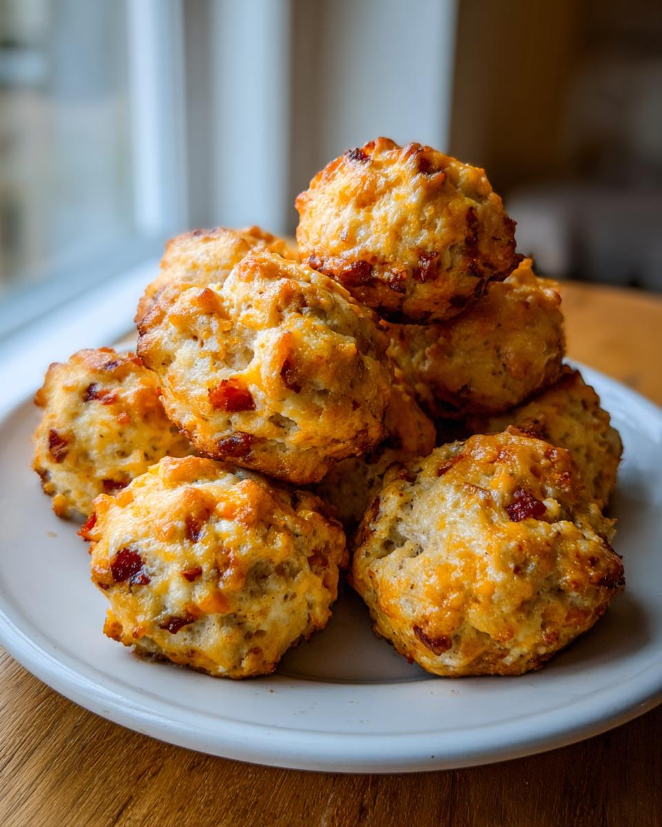 A stack of freshly baked rotel cream cheese sausage balls piled high on a white plate.