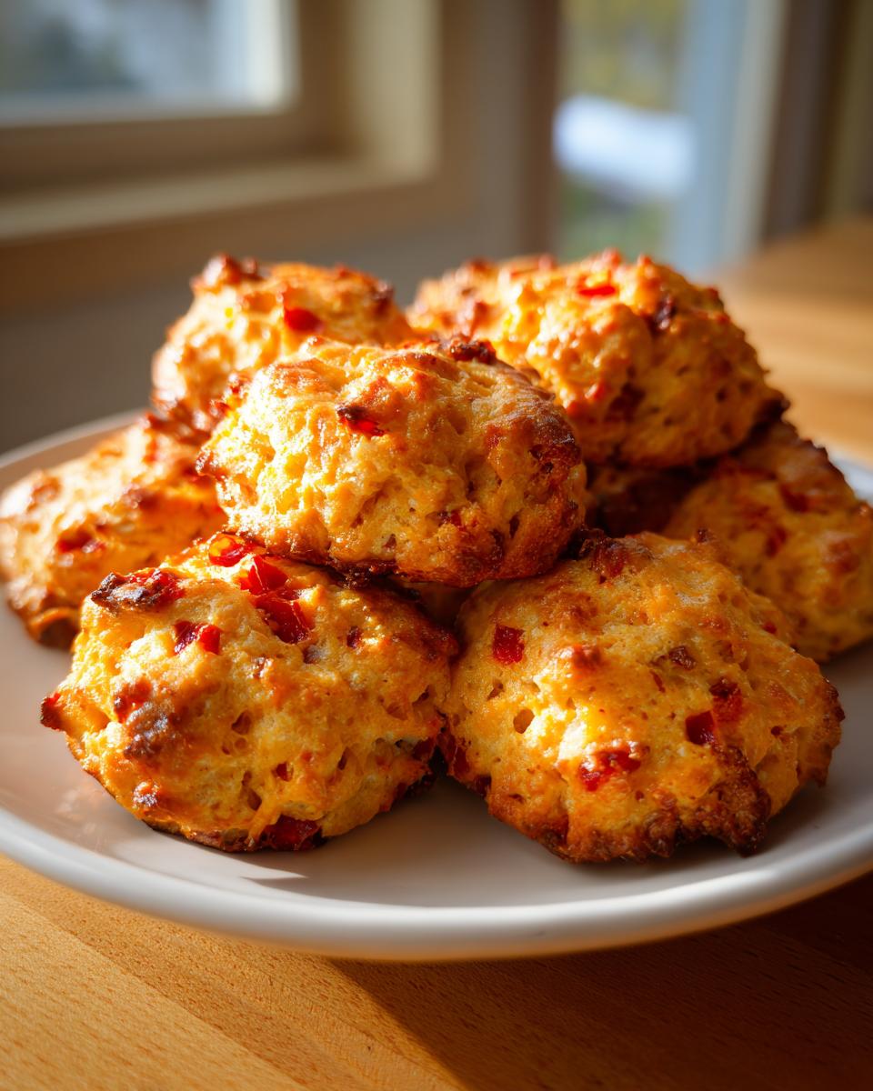 A stack of golden brown rotel cream cheese sausage balls with visible red pepper pieces on a white plate.