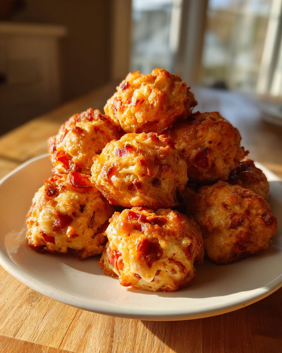 A stack of freshly baked rotel cream cheese sausage balls with visible cheese and red peppers on a white plate.