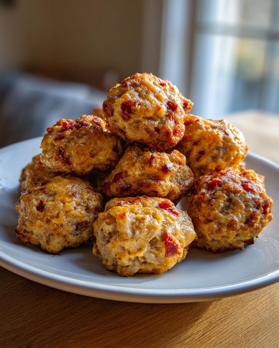 A stack of freshly baked rotel cream cheese sausage balls piled on a light gray plate.